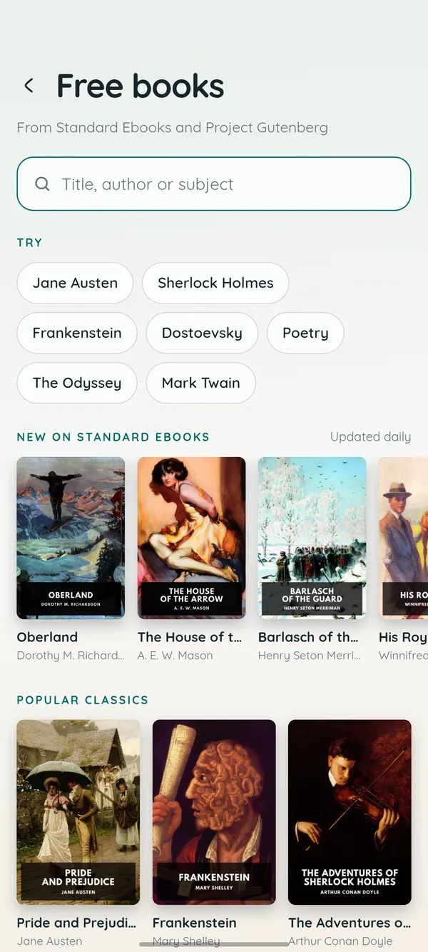 Free books from Standard Ebooks and Project Gutenberg in DeltaScroll
