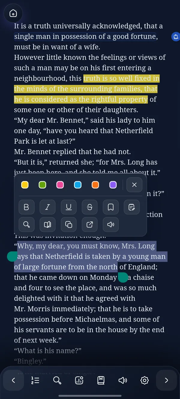 A highlighted passage of Pride and Prejudice in the DeltaScroll EPUB reader