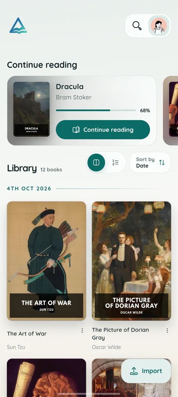 DeltaScroll on an Android phone, showing Continue reading and the library
