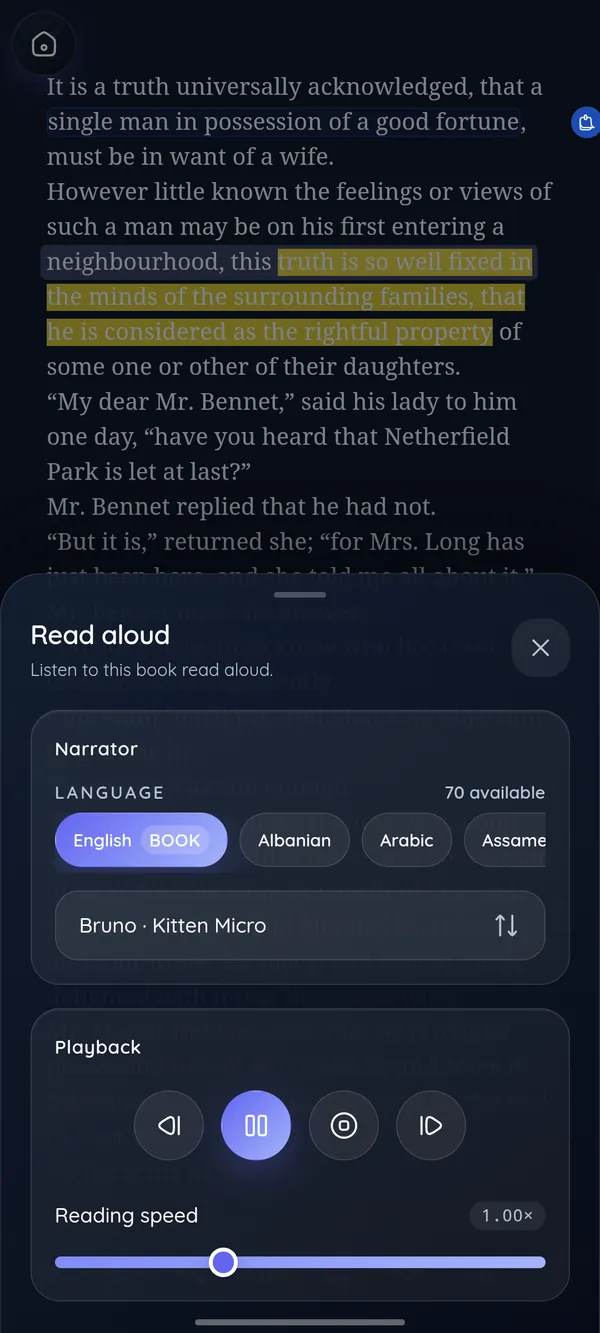 DeltaScroll read-aloud controls with a narrator, language and speed