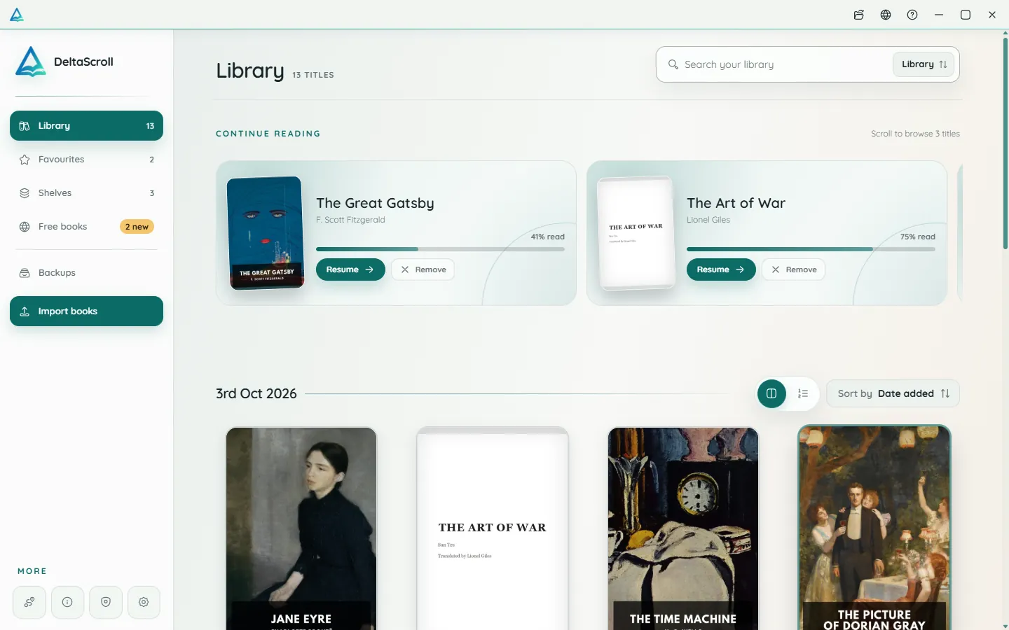 The DeltaScroll Windows app showing the library and Continue reading